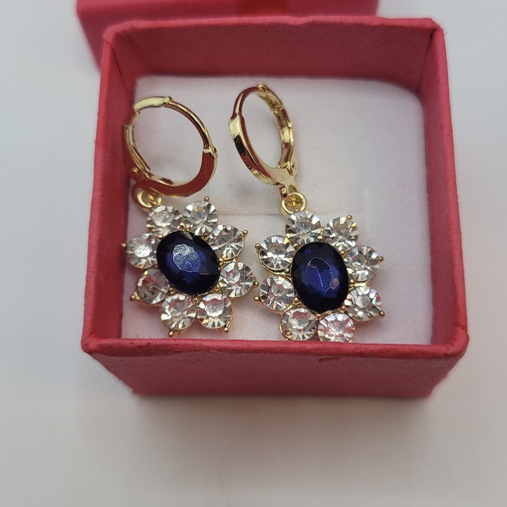 Gold plated Emirati sapphire Blue cz crystal work hoop Earring set 3cm long Earr